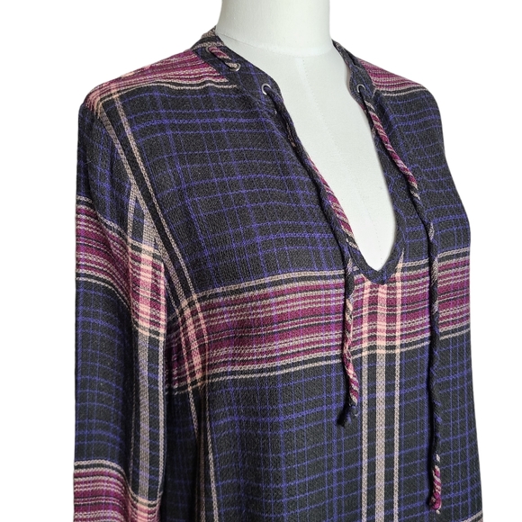 Anthro Cloth & Stone Versify Tunic Dress Plaid Black Purple Long Sleeve S - Picture 3 of 12